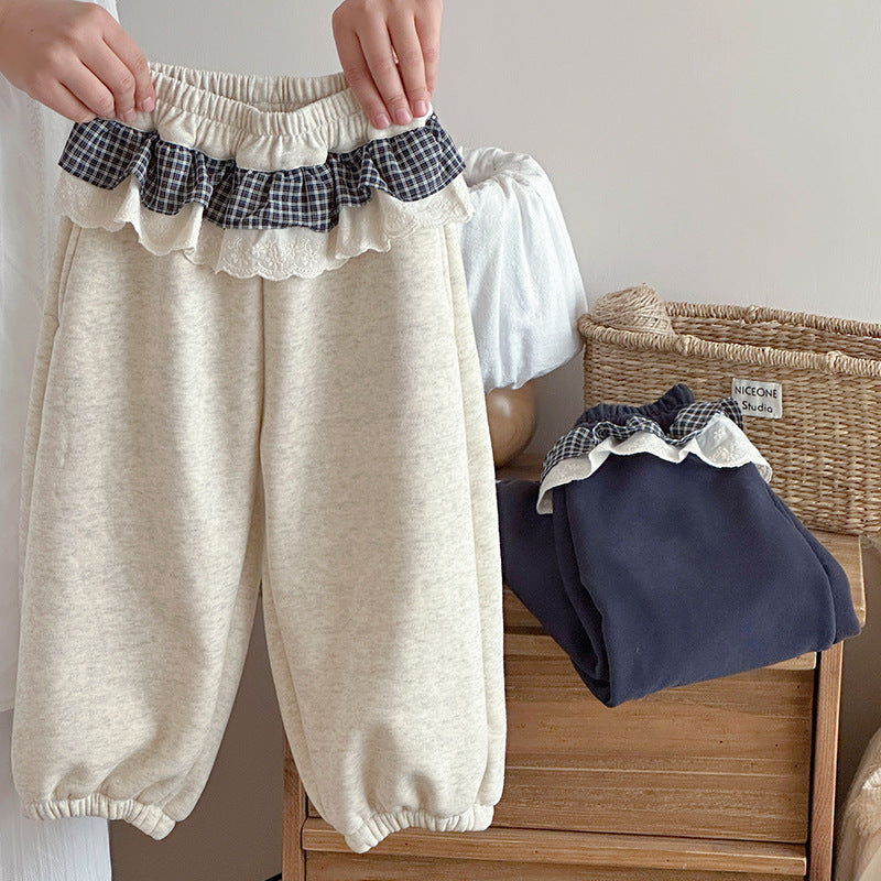 【90-150】チェックレイヤード風ロングパンツ