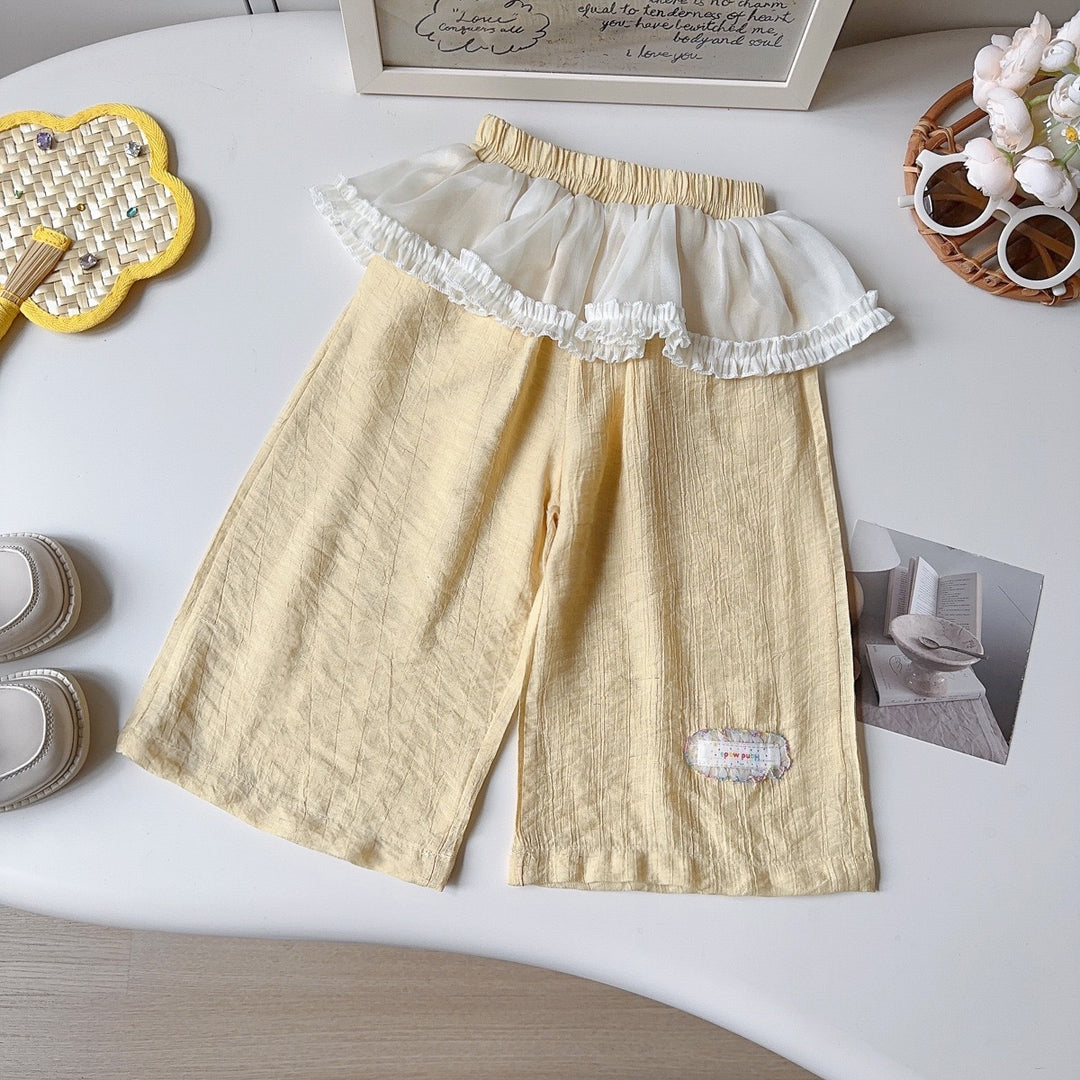 【90-140】刺繍デザイントップス×レイヤード風パンツセット