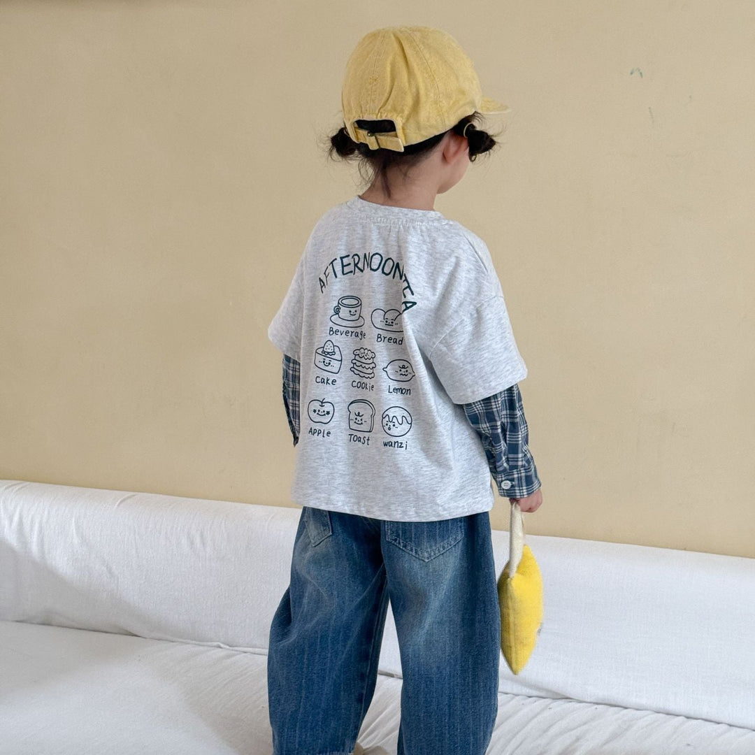 【80-150】バックプリントレイヤード風長袖Tシャツ