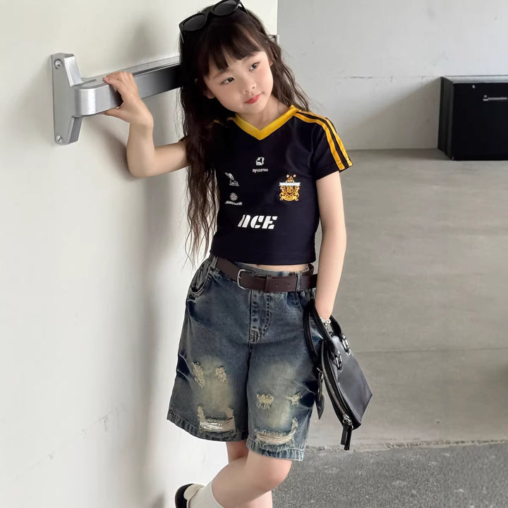 【100-150】ダメージ加工風ベルト付きハーフデニムパンツ