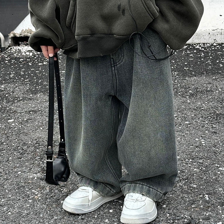 【90-140】裏起毛ワイドデニムパンツ