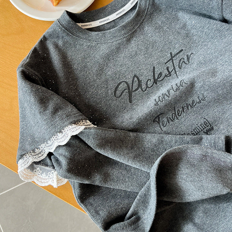 【90-150】レース＆ラメデザイン長袖トップス