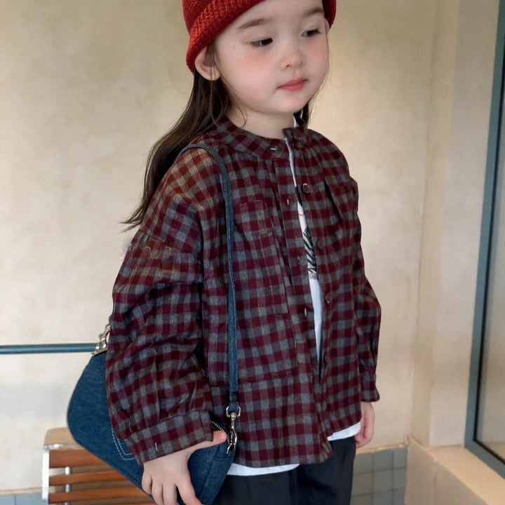 【80-130】ノーカラーチェック柄シャツ