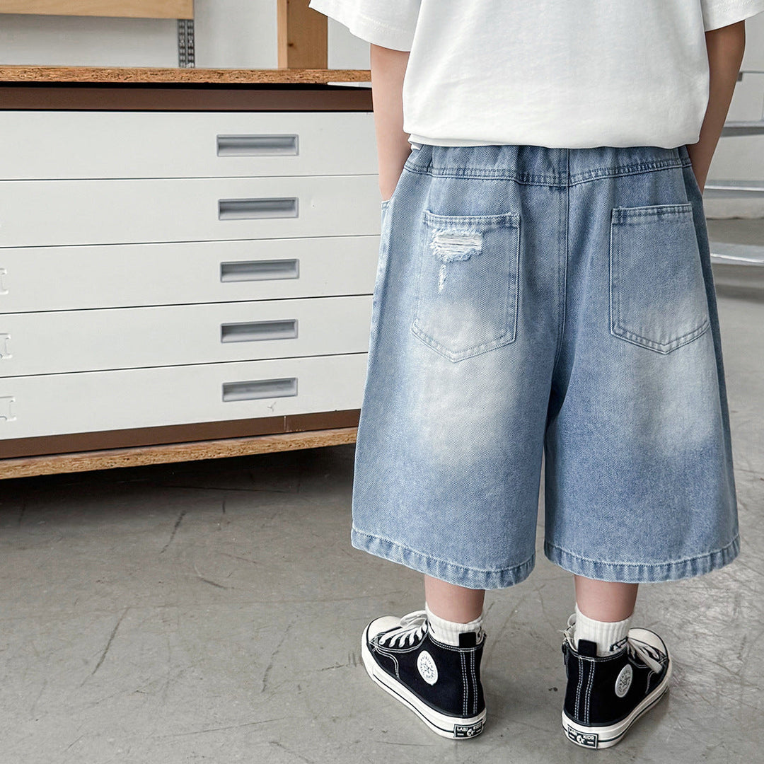 【90-150】ダメージ加工ミドル丈デニムパンツ