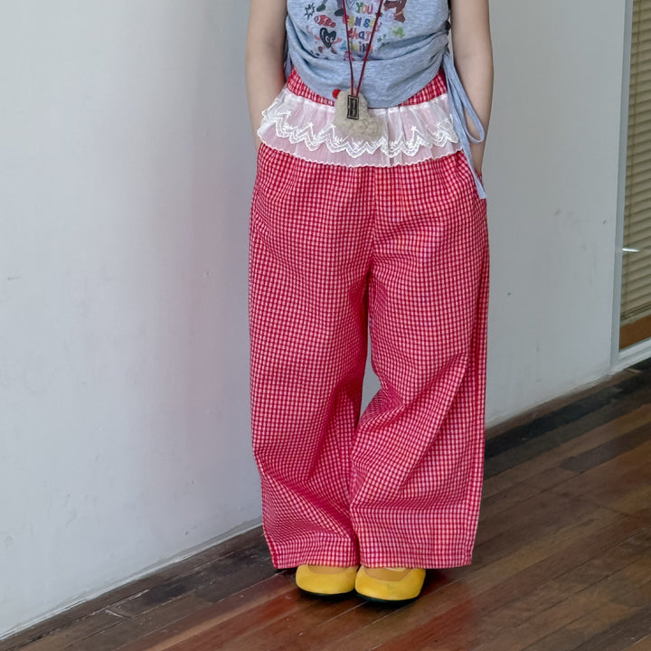 【90-150】ウエストレースギンガムチェックロングパンツ