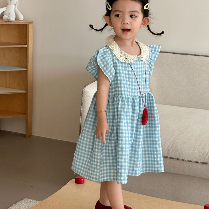 【80-150】レースカラーギンガムチェックワンピース