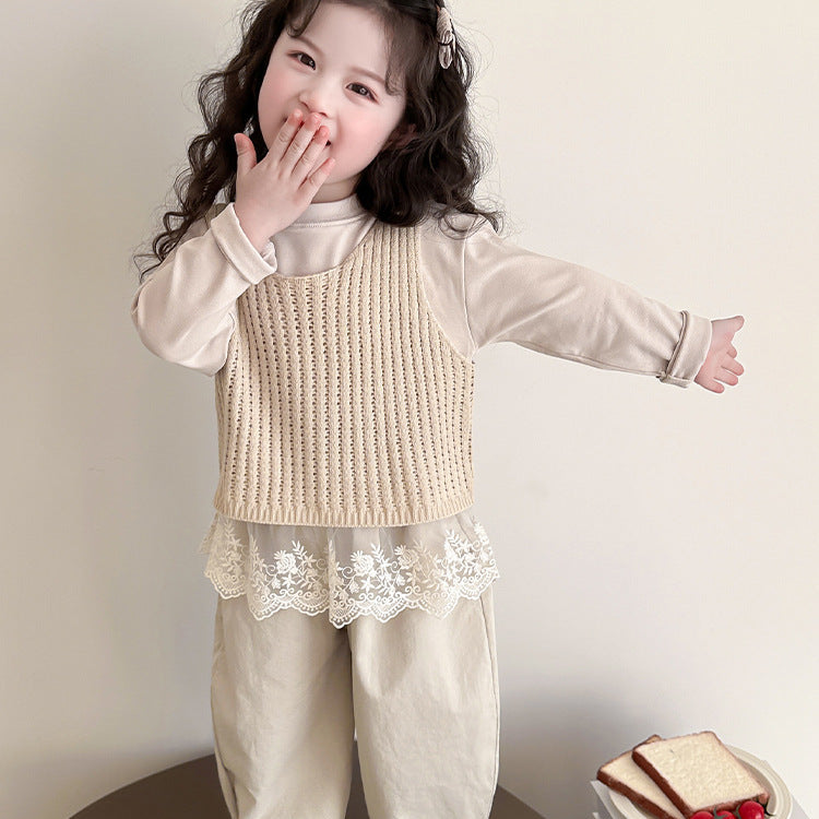 【90-140】レースヘムトップス×ベスト×ロングパンツセット