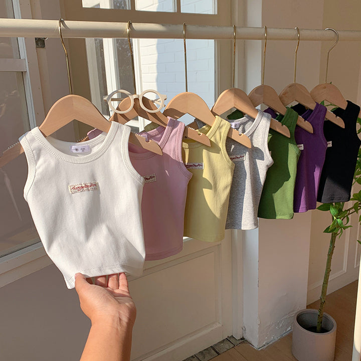 【90-150】ワンポイントワッペンノースリーブトップス