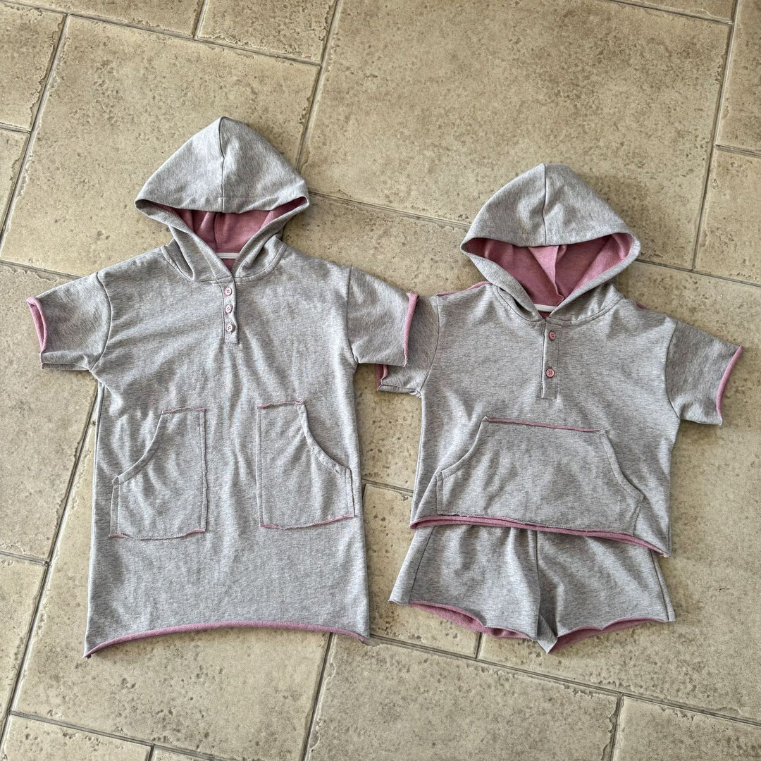 【80-150】ハーフボタンフーディートップス×ハーフパンツセット