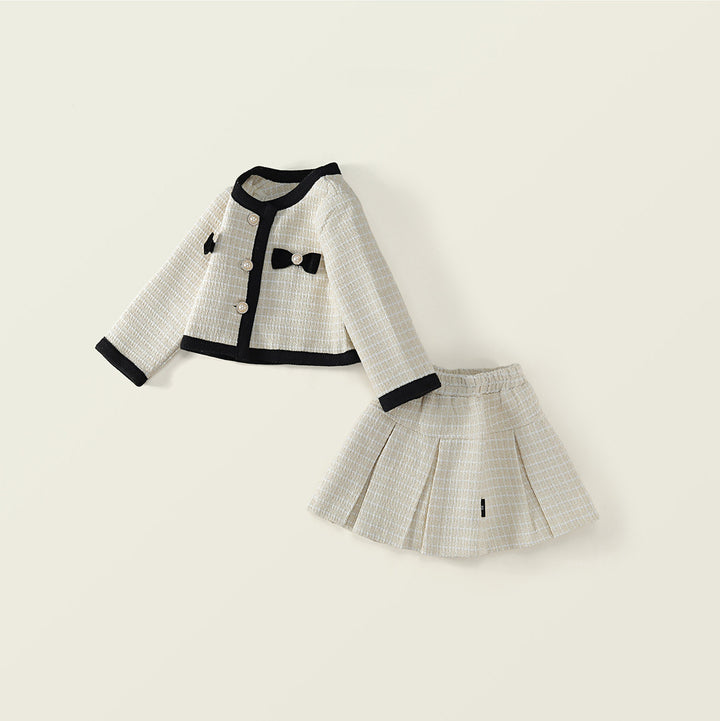 【90-140】リボン＆ボタンデザインツイード風セットアップ