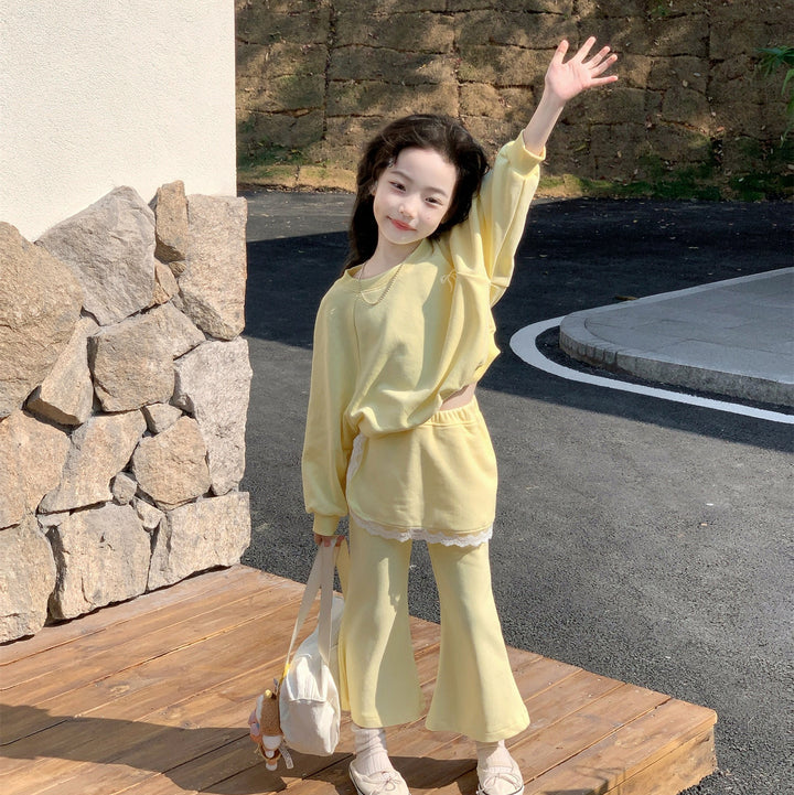 【90-140】トレーナー×レイヤード風フレアパンツセット