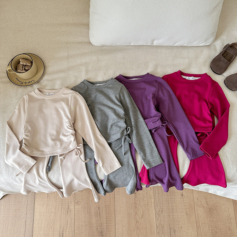 【90-140】ウエストシャーリングトップス×フレアパンツセット