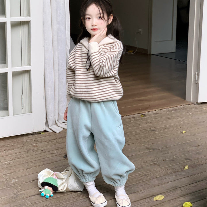 【90-140】ボーダー柄フーディーニット