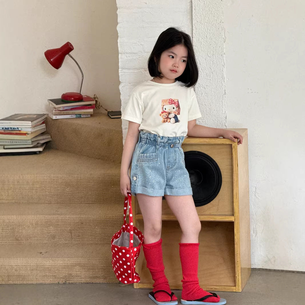 【120-150】ウエストギャザーラインストーンデニムショートパンツ