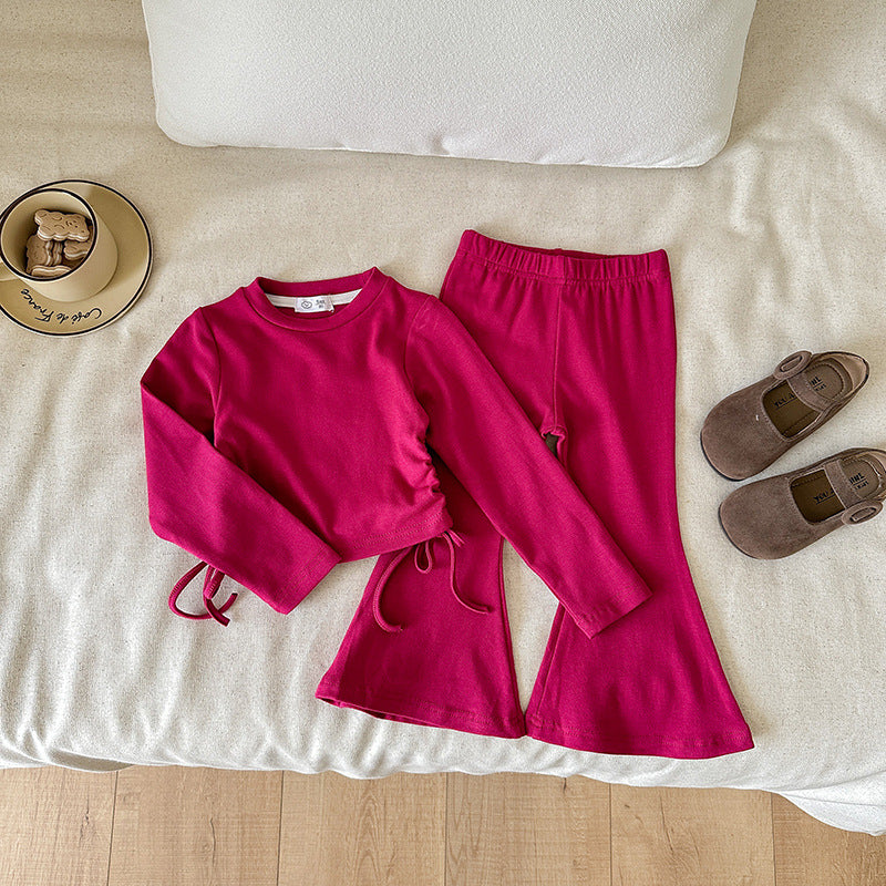 【90-140】ウエストシャーリングトップス×フレアパンツセット