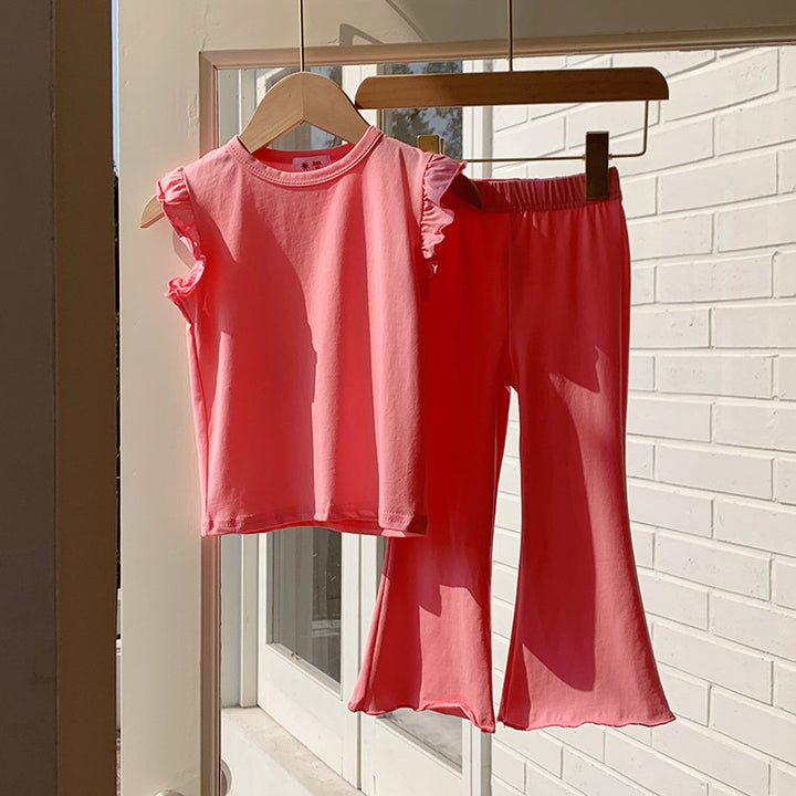 【90-140】ショルダーフリルノースリーブ×フレアパンツセット