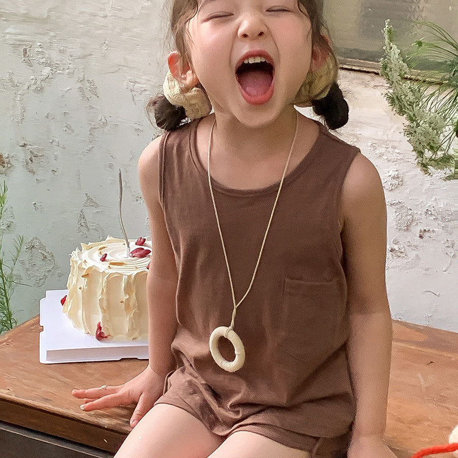 【90-150】シンプルノースリーブトップス×ショートパンツセット