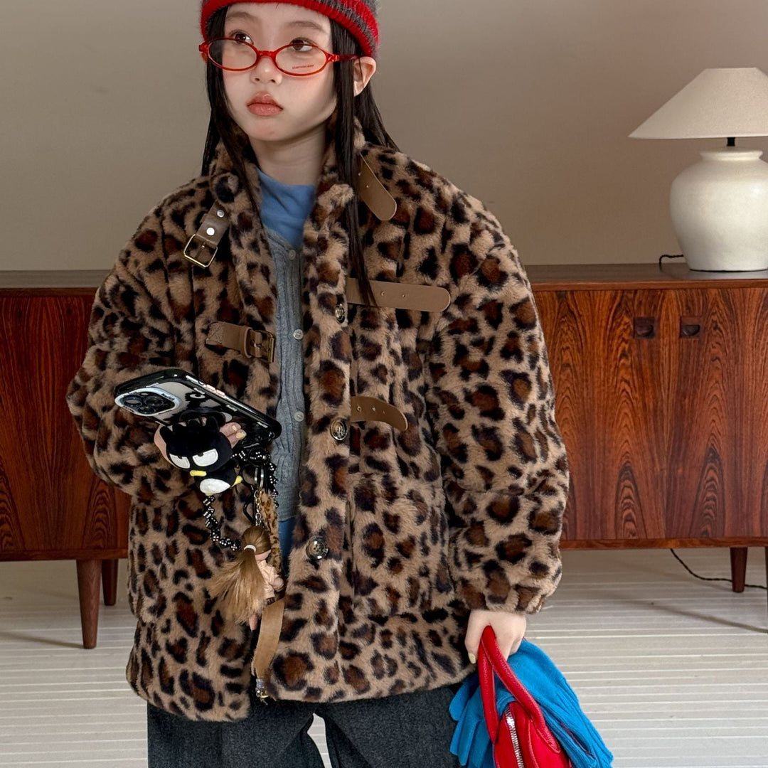 【100-150】レオパード柄スタンドカラーショートコート