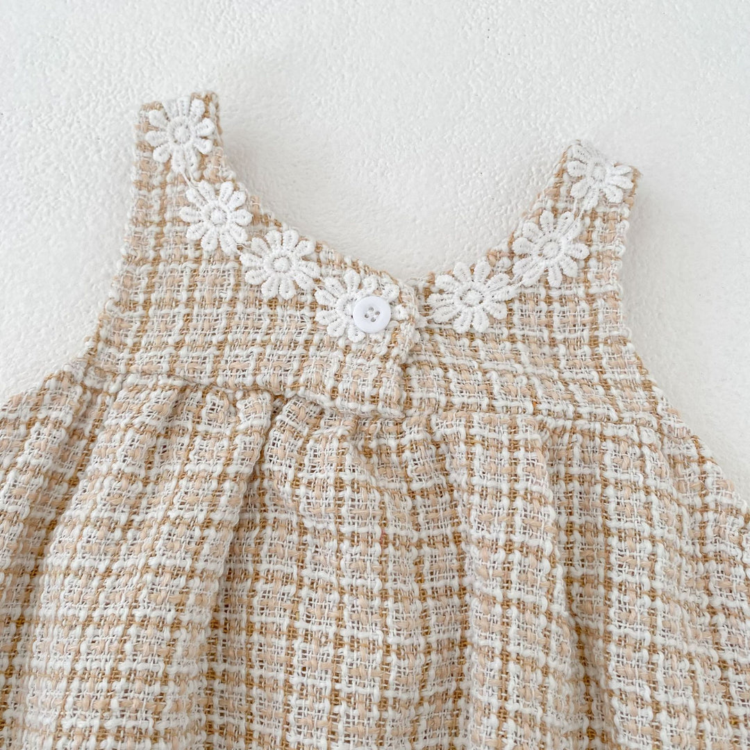 【80-130】フラワーモチーフチェック柄ワンピース