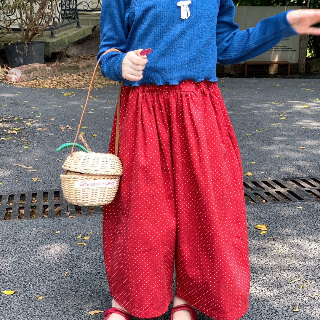【90-150】ドット柄ワイドロングパンツ