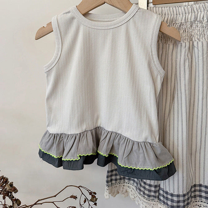 【90-150】バイカラーフリルヘムノースリーブトップス
