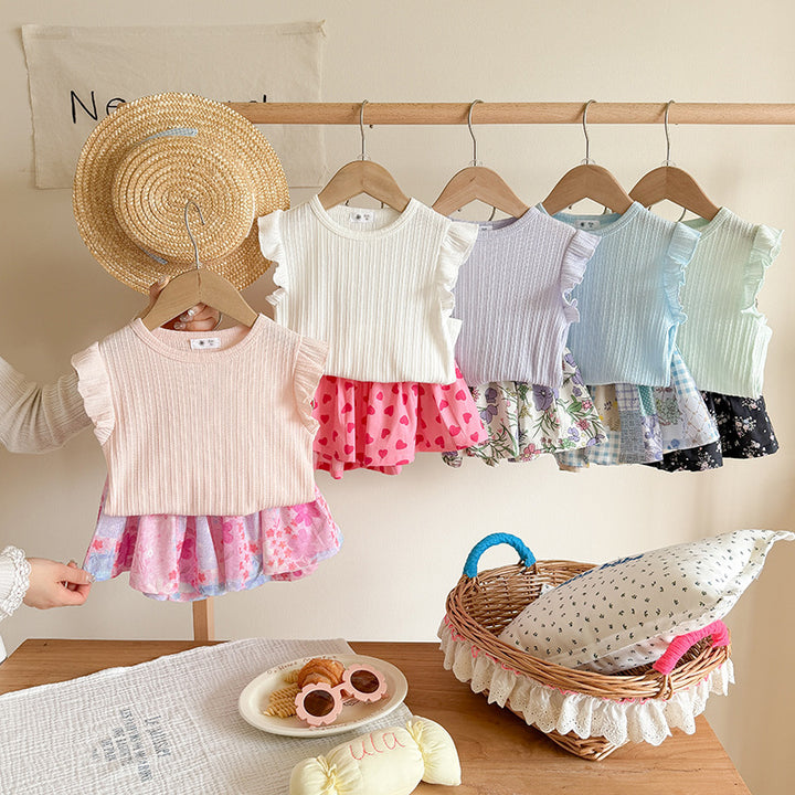 【90-140】ノースリトップス×総柄ショートパンツセット