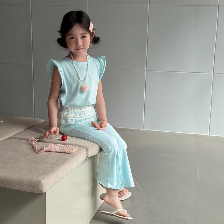 【90-140】ショルダーフリルノースリーブ×フレアパンツセット