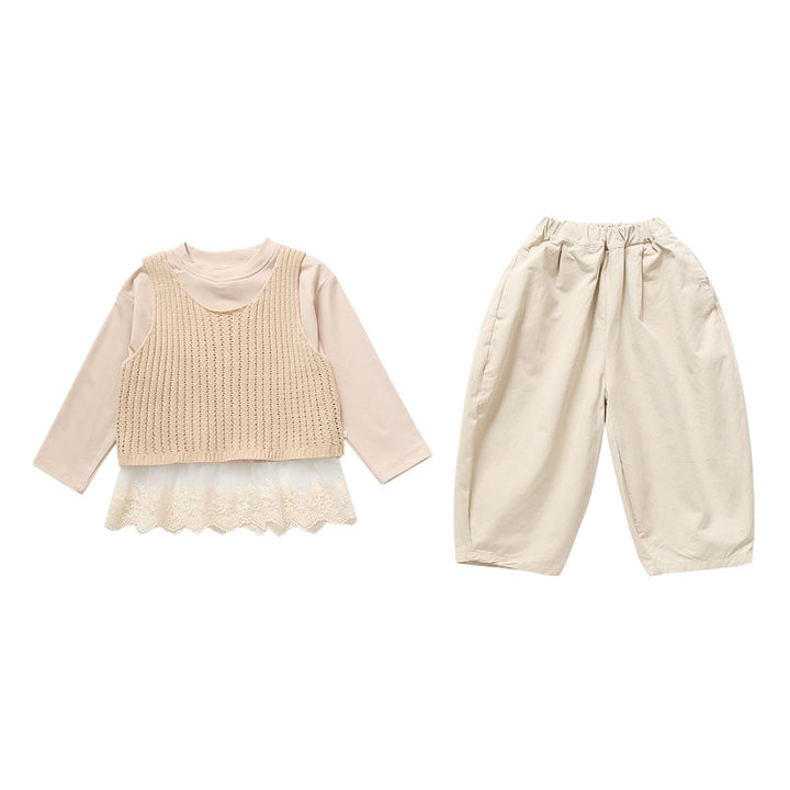 【90-140】レースヘムトップス×ベスト×ロングパンツセット
