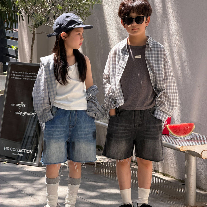 【100-150】カットオフデザインハーフデニムパンツ