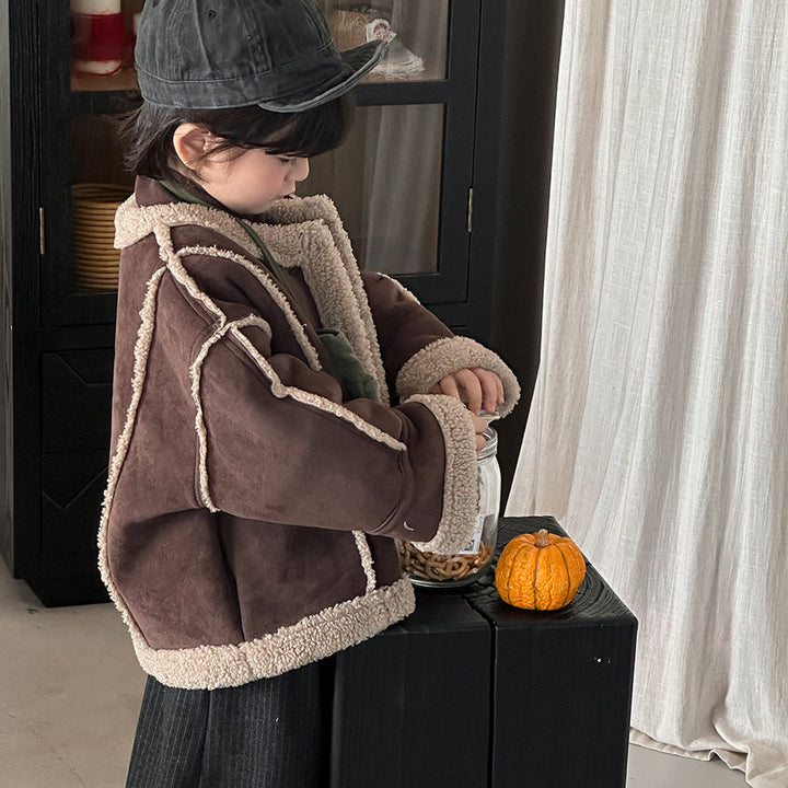 【80-140】ノーカラーフェイクムートンジャケット