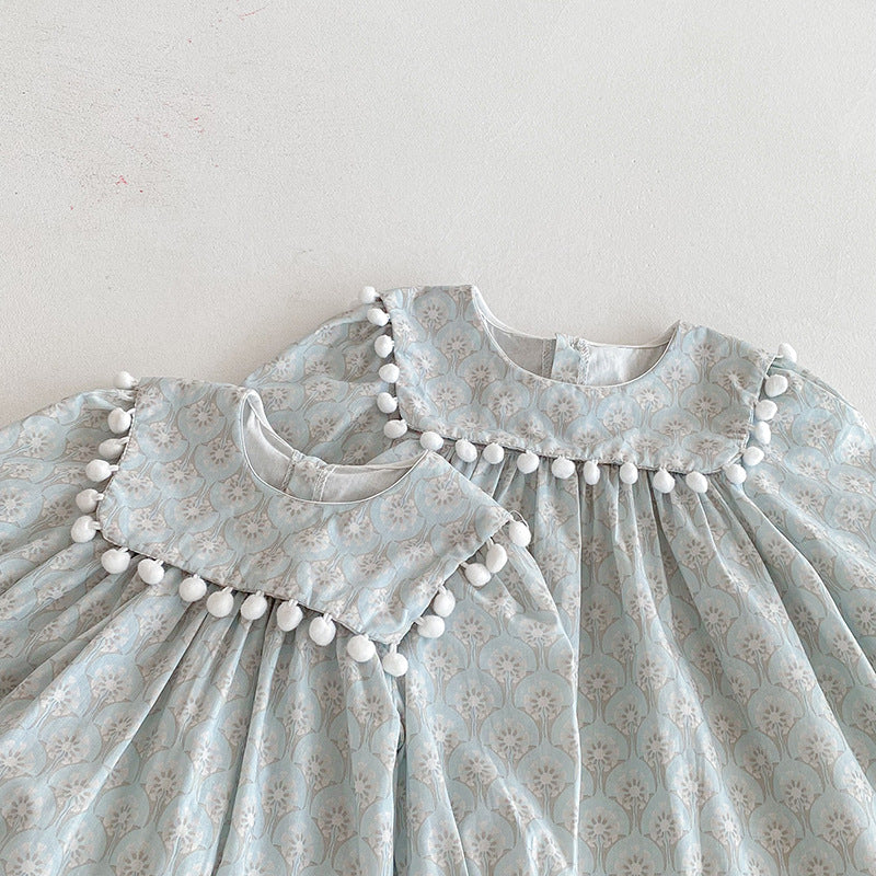 【73-90】ミニポンポンデザイン長袖ロンパース