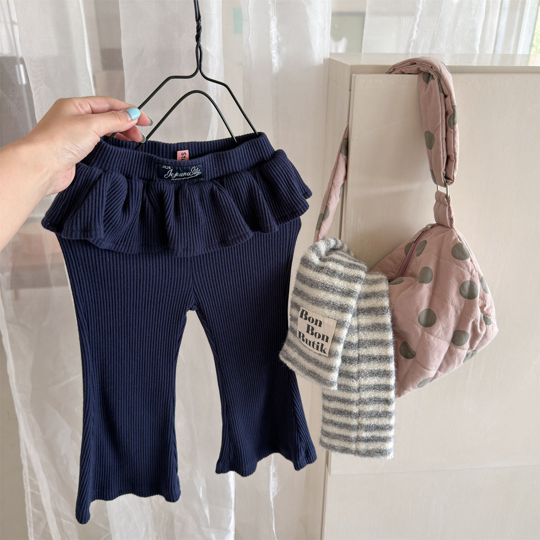 【80-130】ウエストフリルリブフレアパンツ