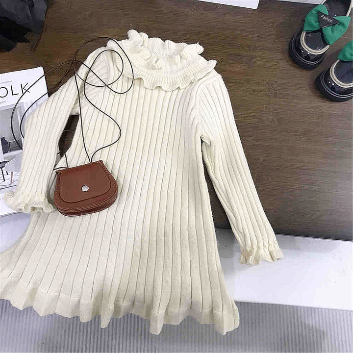 【100-150】フリルデザインリブニットワンピース