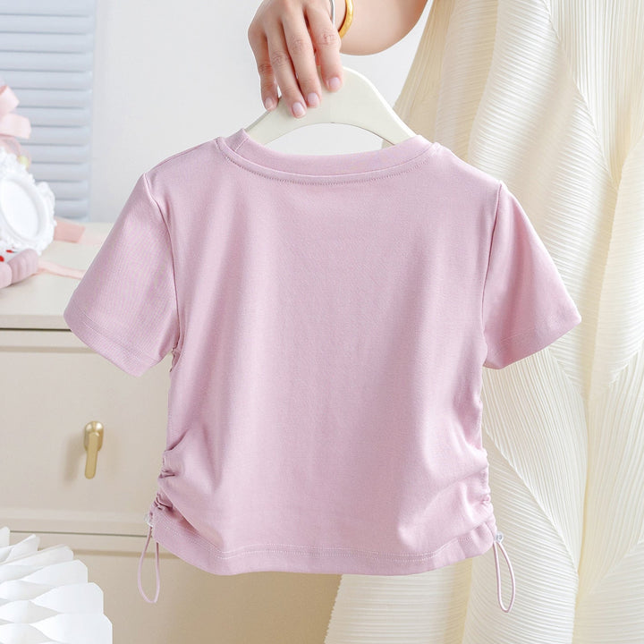【80-130】サイドギャザーキュートデザインTシャツ