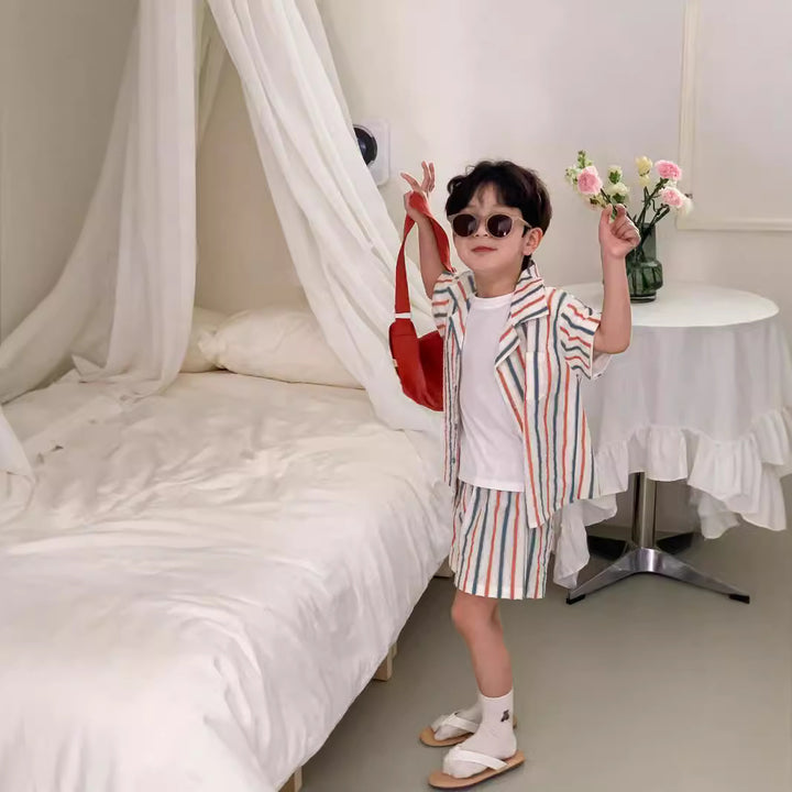 【80-140】マルチストライプ半袖セットアップ