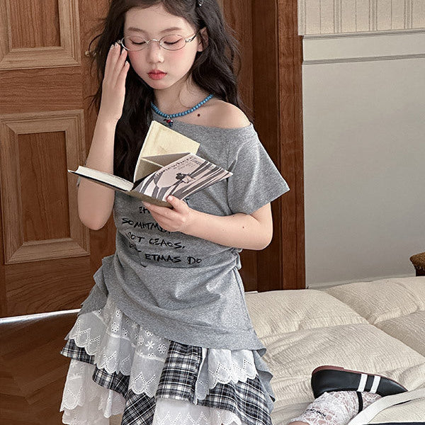 【120-150】英字ロゴウエストシャーリングTシャツ