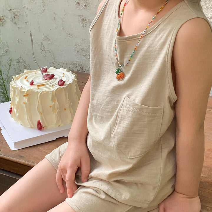 【90-150】シンプルノースリーブトップス×ショートパンツセット
