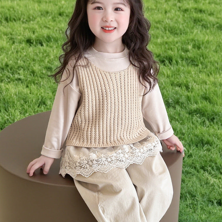 【90-140】レースヘムトップス×ベスト×ロングパンツセット