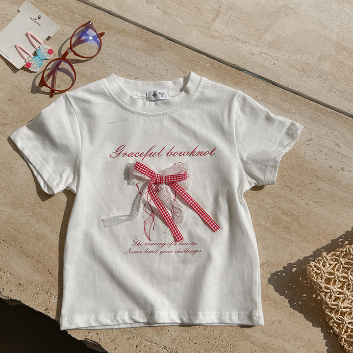 【90-150】レース＆チェック柄リボンTシャツ