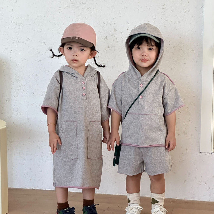 【80-150】ハーフボタンフーディートップス×ハーフパンツセット