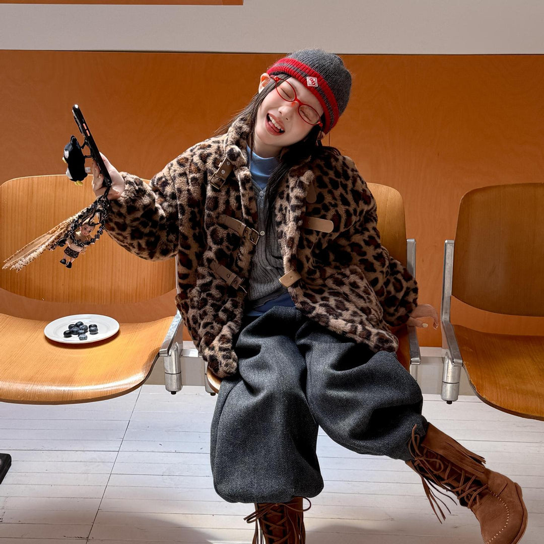 【100-150】レオパード柄スタンドカラーショートコート