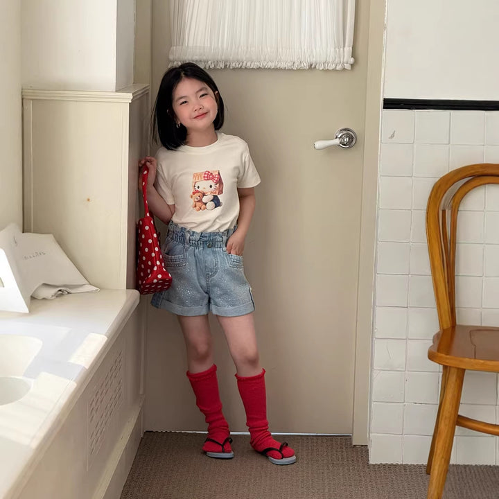 【120-150】ウエストギャザーラインストーンデニムショートパンツ
