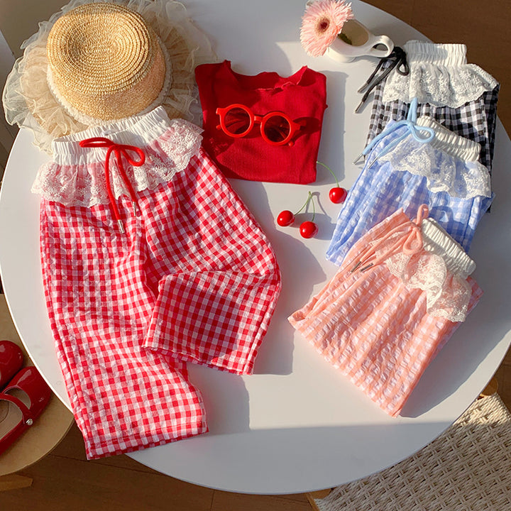 【90-150】ウエストレースギンガムチェックパンツ