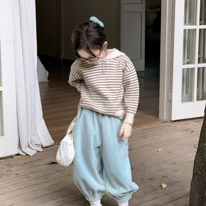 【90-140】ボーダー柄フーディーニット