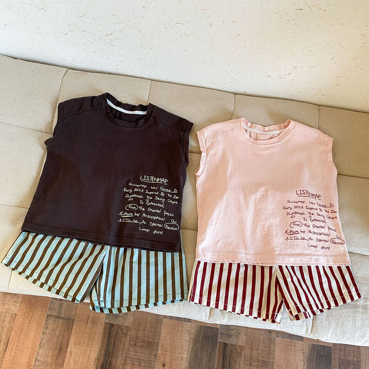 【80-150】フレンチスリーブトップス×ストライプハーフパンツセット