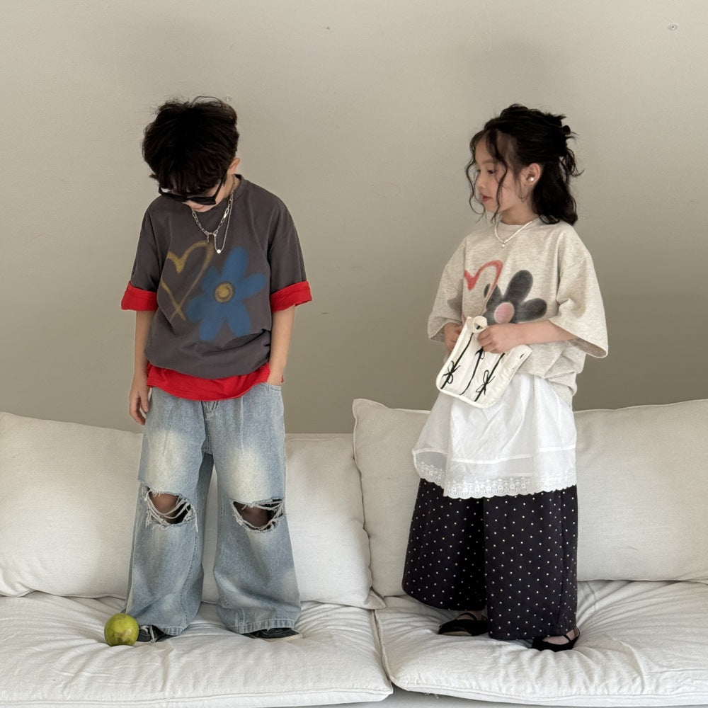 【90-150】ハート＆フラワーTシャツ