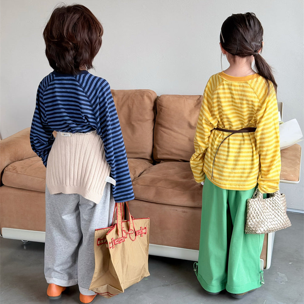 【90-150】ボーダーミニ英字ロゴ長袖Tシャツ