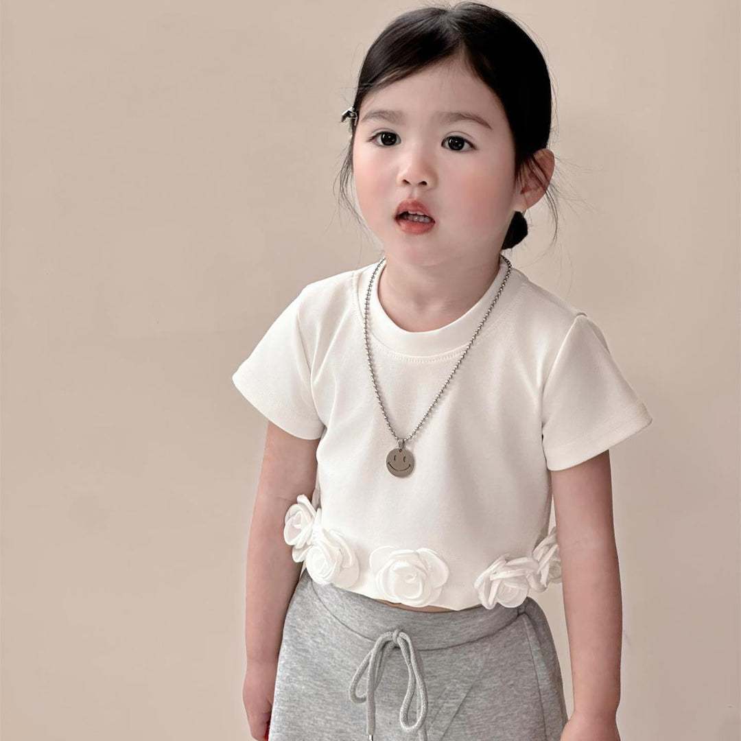 【90-140】裾フラワーモチーフショートTシャツ