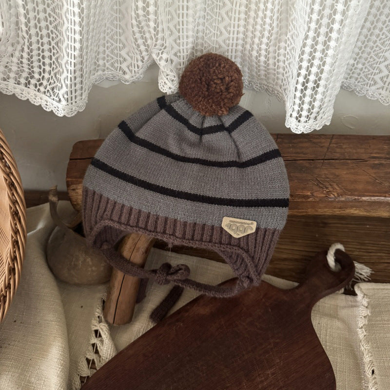 【48-52cm】あご紐付きボーダーニット帽