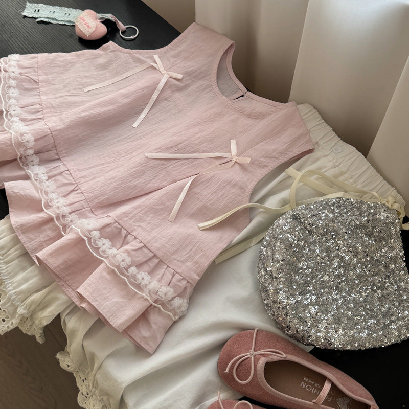 【90-140】レース＆リボンデザインノースリーブシャツ